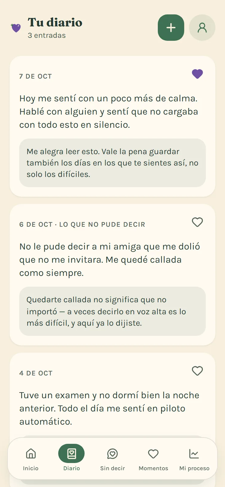 La IA de Encontrarte respondiendo con calidez a una entrada del diario